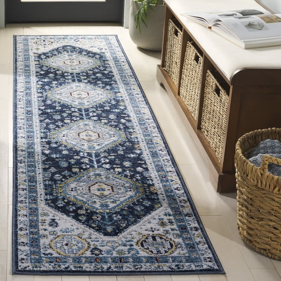 SAFAVIEH Bayside Sherwood Oriental Polyester Runner Rug, Navy/Blue, 2'2" x 8'