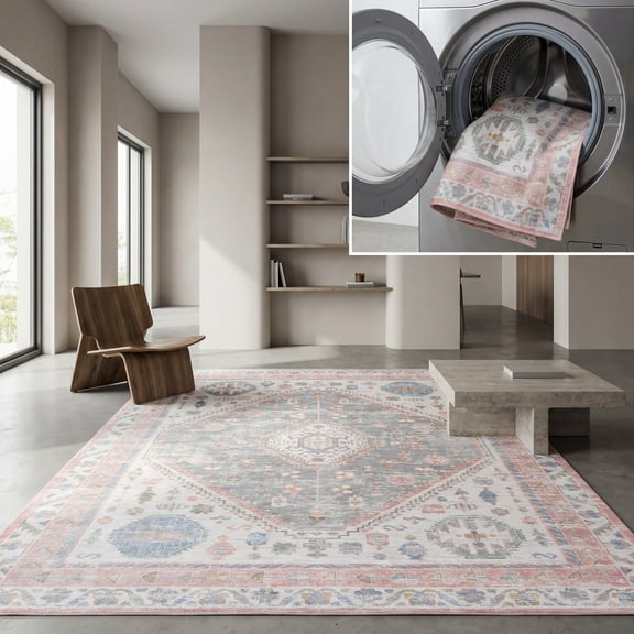 SAFAVIEH Bayside Sherwood Oriental Polyester Machine Washable Area Rug, Ivory/Blue Pink, 8' x 10'