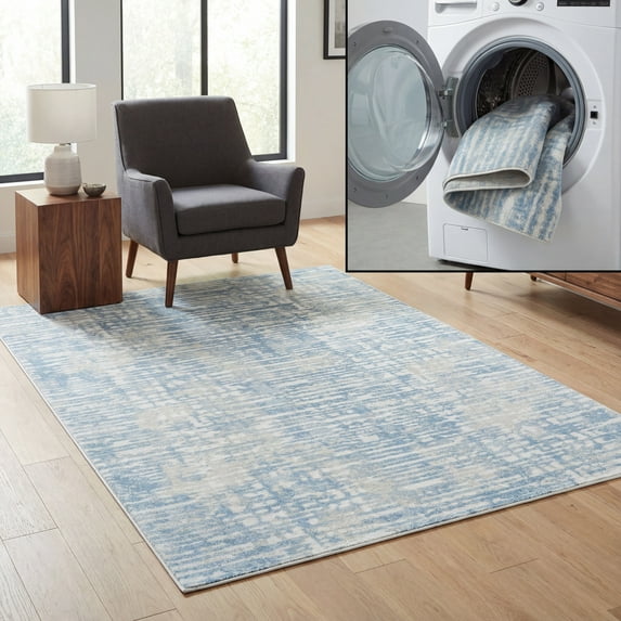 SAFAVIEH Bayside York Abstract Polyester Machine Washable Area Rug, Ivory/Blue, 4' x 6'