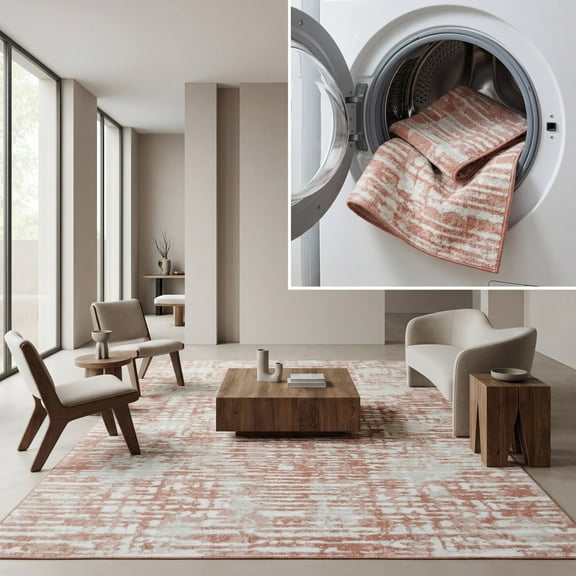 SAFAVIEH Bayside York Abstract Polyester Machine Washable Area Rug, Ivory/Orange Beige, 5'3" x 7'6"