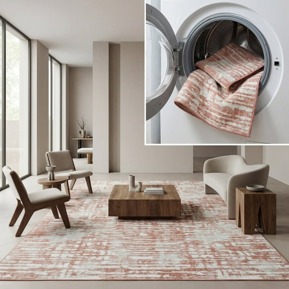 SAFAVIEH Bayside York Abstract Polyester Machine Washable Area Rug, Ivory/Orange Beige, 9' x 12'