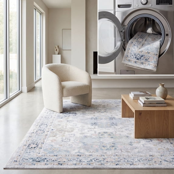SAFAVIEH Bayside Zoja Oriental Polyester Machine Washable Area Rug, Gray/Blue, 9' x 12'