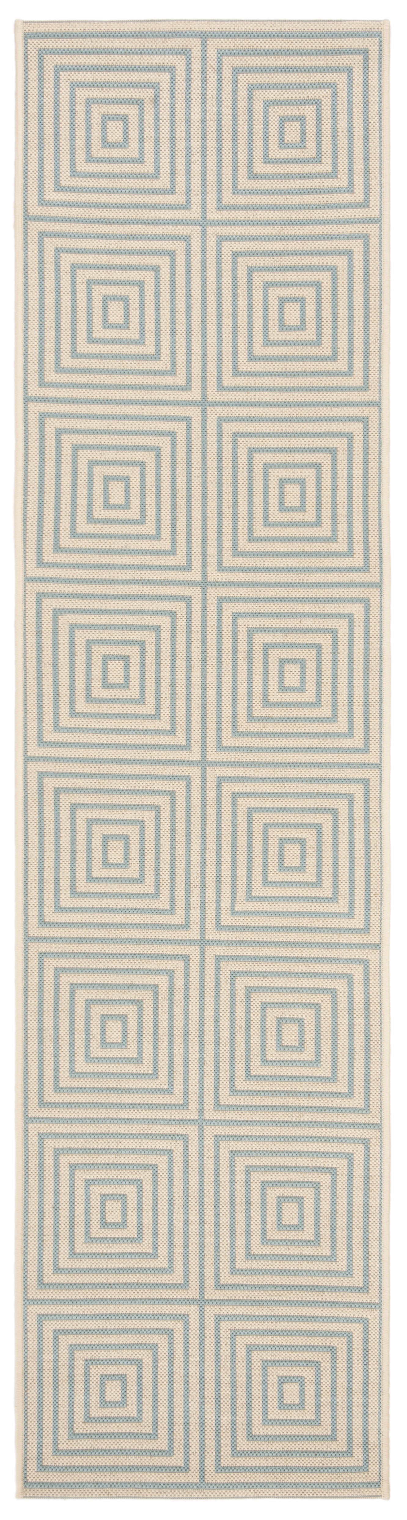 Cream and Aqua Geometric Indoor/Outdoor Runner Rug 2'2" x 6'