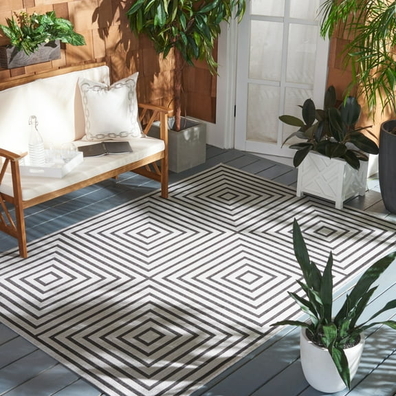 SAFAVIEH Beach House Arthur Geometric Indoor/Outdoor Runner Rug, Light Grey/Charcoal, 2'2" x 10'
