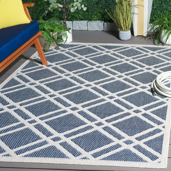SAFAVIEH Beach House Aylen Geometric Indoor/Outdoor Area Rug, Blue/Ivory, 5'3" x 7'6"
