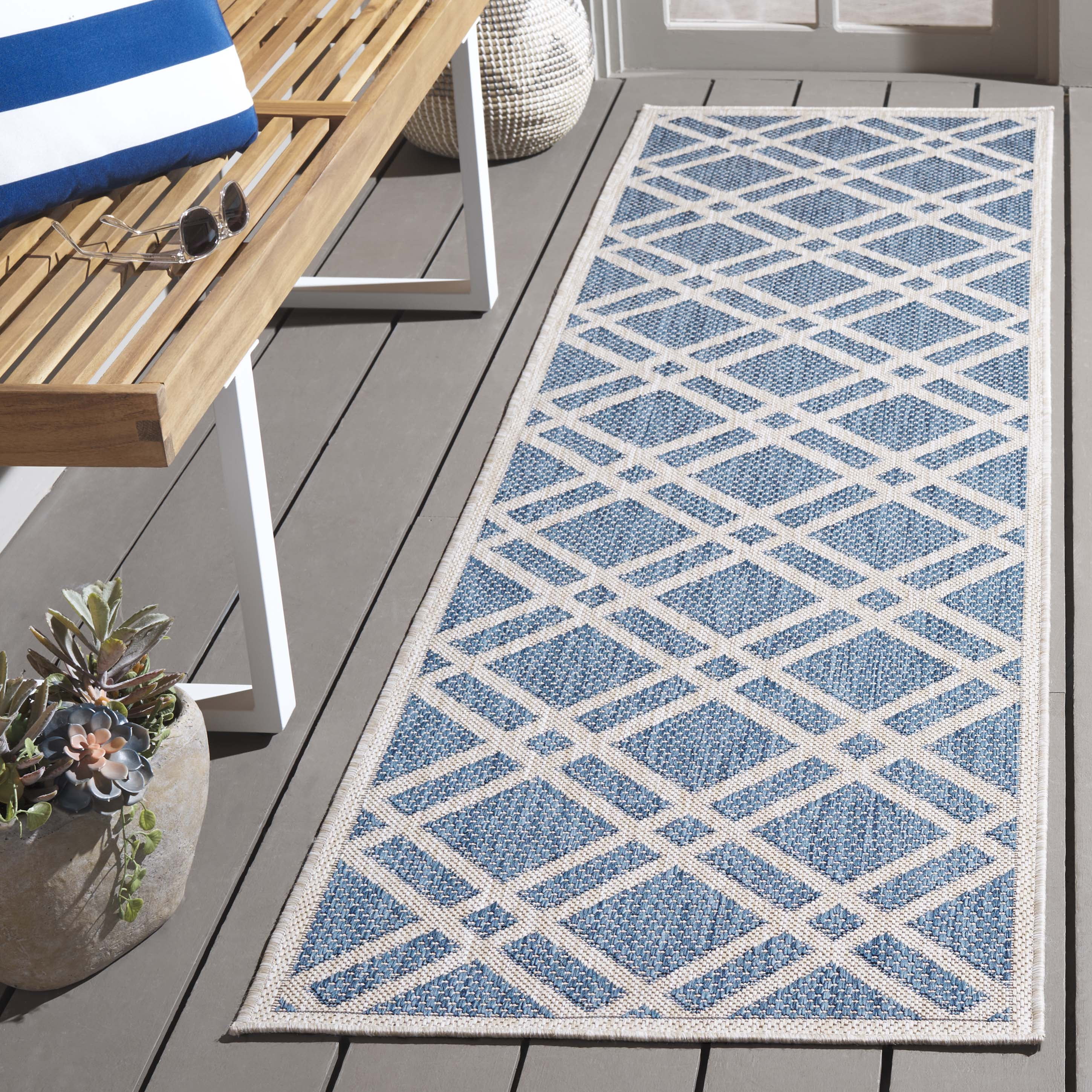 SAFAVIEH Beach House Aylen Geometric Indoor/Outdoor Runner Rug, Blue/Ivory, 2'2" x 10'