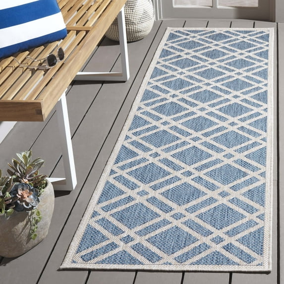 SAFAVIEH Beach House Aylen Geometric Indoor/Outdoor Runner Rug, Blue/Ivory, 2'2" x 8'