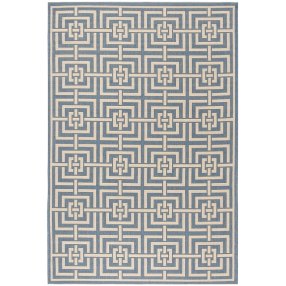 SAFAVIEH Beach House Bethanie Geometric Indoor/Outdoor Area Rug, Blue/Creme, 6'7" x 6'7" Round
