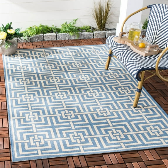 SAFAVIEH Beach House Bethanie Geometric Indoor/Outdoor Area Rug, Blue/Creme, 8' x 10'