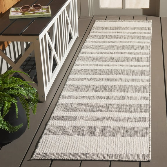 SAFAVIEH Beach House Boyce Striped Indoor/Outdoor Runner Rug, Gray/Ivory, 2' x 8'