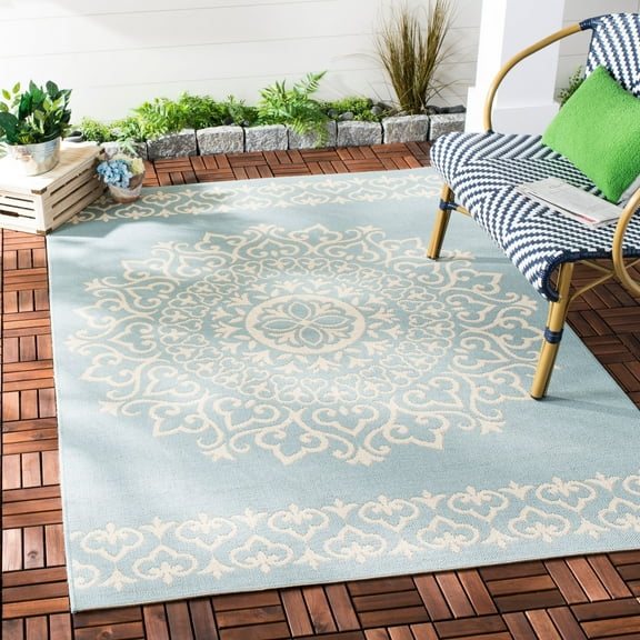 SAFAVIEH Beach House Braiden Medallion Indoor/Outdoor Area Rug Cream/Aqua, 6'7" x 6'7" Square