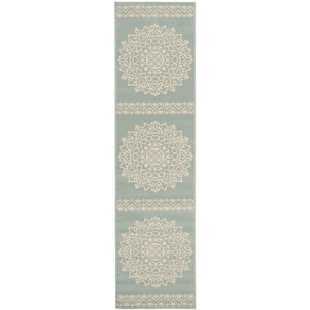 SAFAVIEH Beach House Braiden Medallion Indoor/Outdoor Runner Rug Cream/Aqua, 2' x 8'