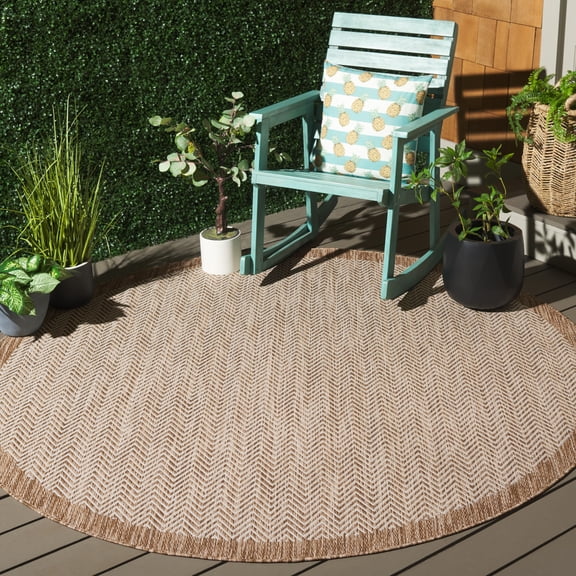 SAFAVIEH Beach House Cady Bordered Indoor/Outdoor Area Rug, Brown/Ivory, 6'7" x 6'7" Round