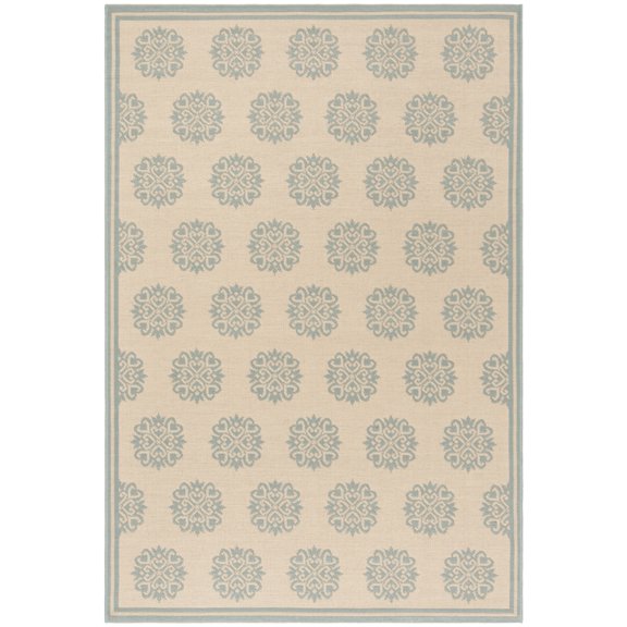 SAFAVIEH Beach House Callahan Geometric Indoor/Outdoor Area Rug Cream/Aqua, 5'3" x 7'6" - Traditional Design, Cream & Aqua, Weather Resistant, Non-Shedding & Easy Cleaning, Ideal for Patio, Entryway,
