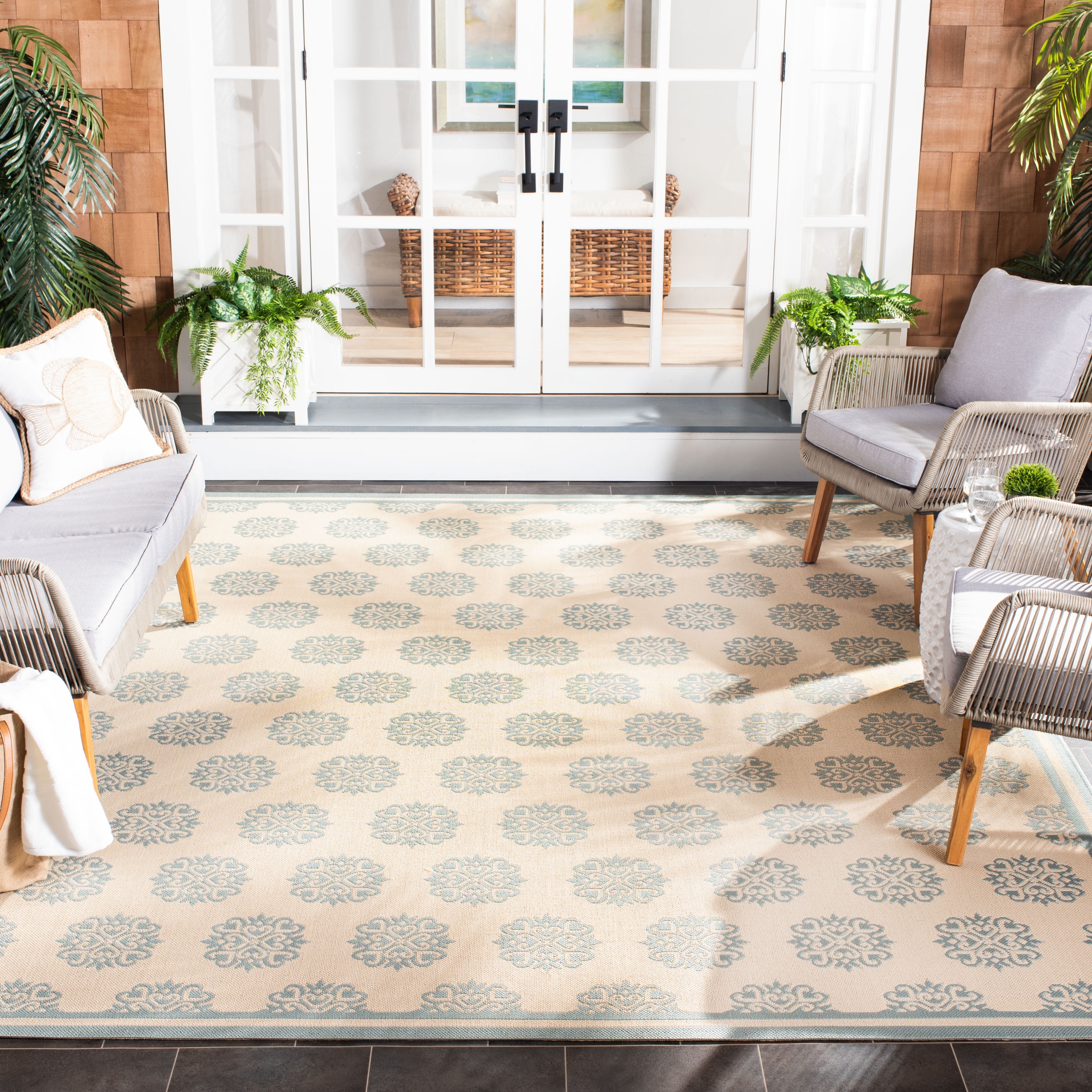 Cream and Aqua Tufted Medallion Square Indoor/Outdoor Rug