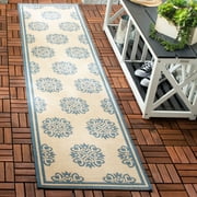 SAFAVIEH Beach House Callahan Geometric Indoor/Outdoor Runner Rug Blue/Cream, 2' x 8' - Traditional Design, Blue & Creme, Weather Resistant, Non-Shedding & Easy Cleaning, Ideal for Patio, Entryway, M