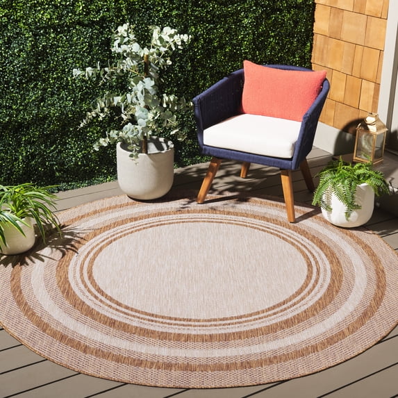 SAFAVIEH Beach House Carlie Bordered Indoor/Outdoor Area Rug, Beige/Brown, 6'7" x 6'7" Round