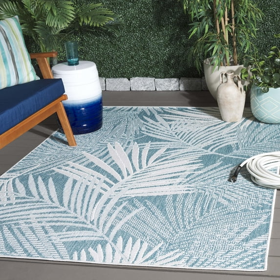 SAFAVIEH Beach House Declan Botanical Indoor/Outdoor Area Rug, Aqua/Ivory, 5'3" x 7'6"