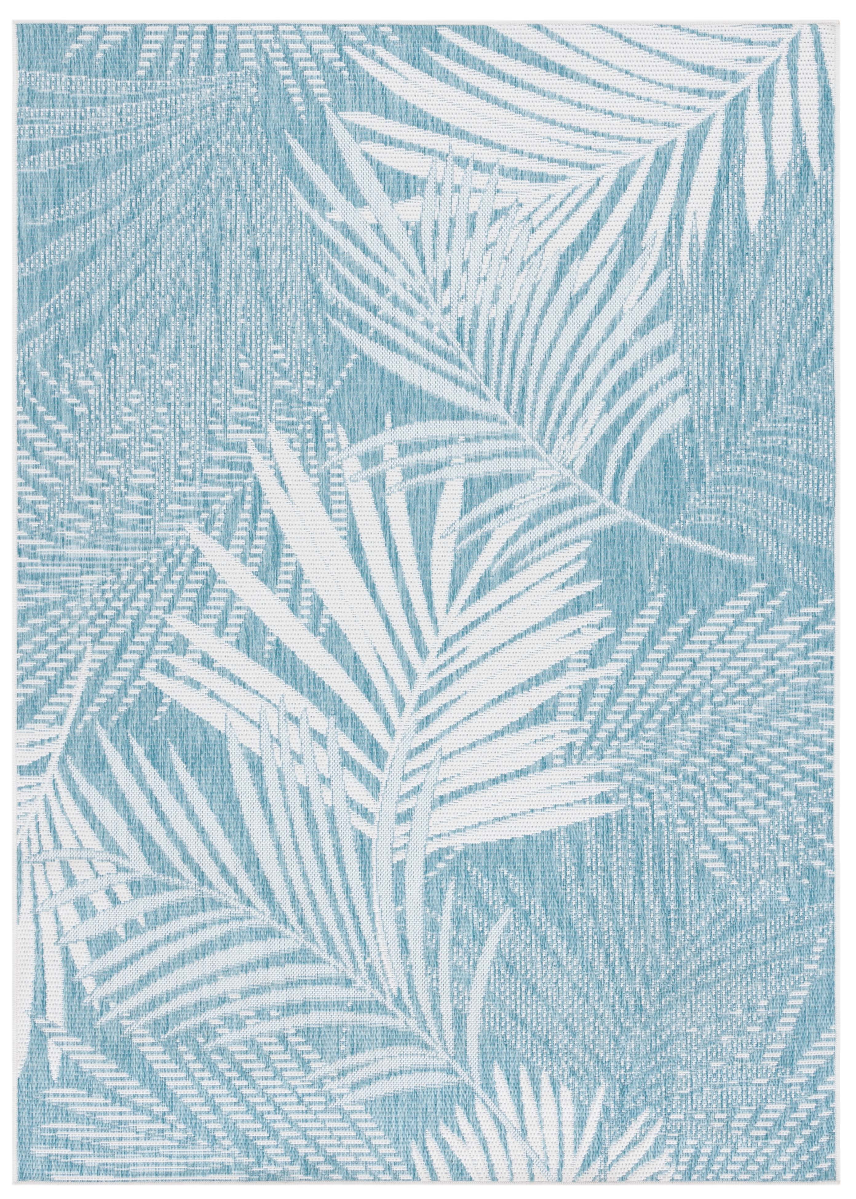 Aqua and Ivory Palm Leaf Pattern Synthetic Rectangular Area Rug
