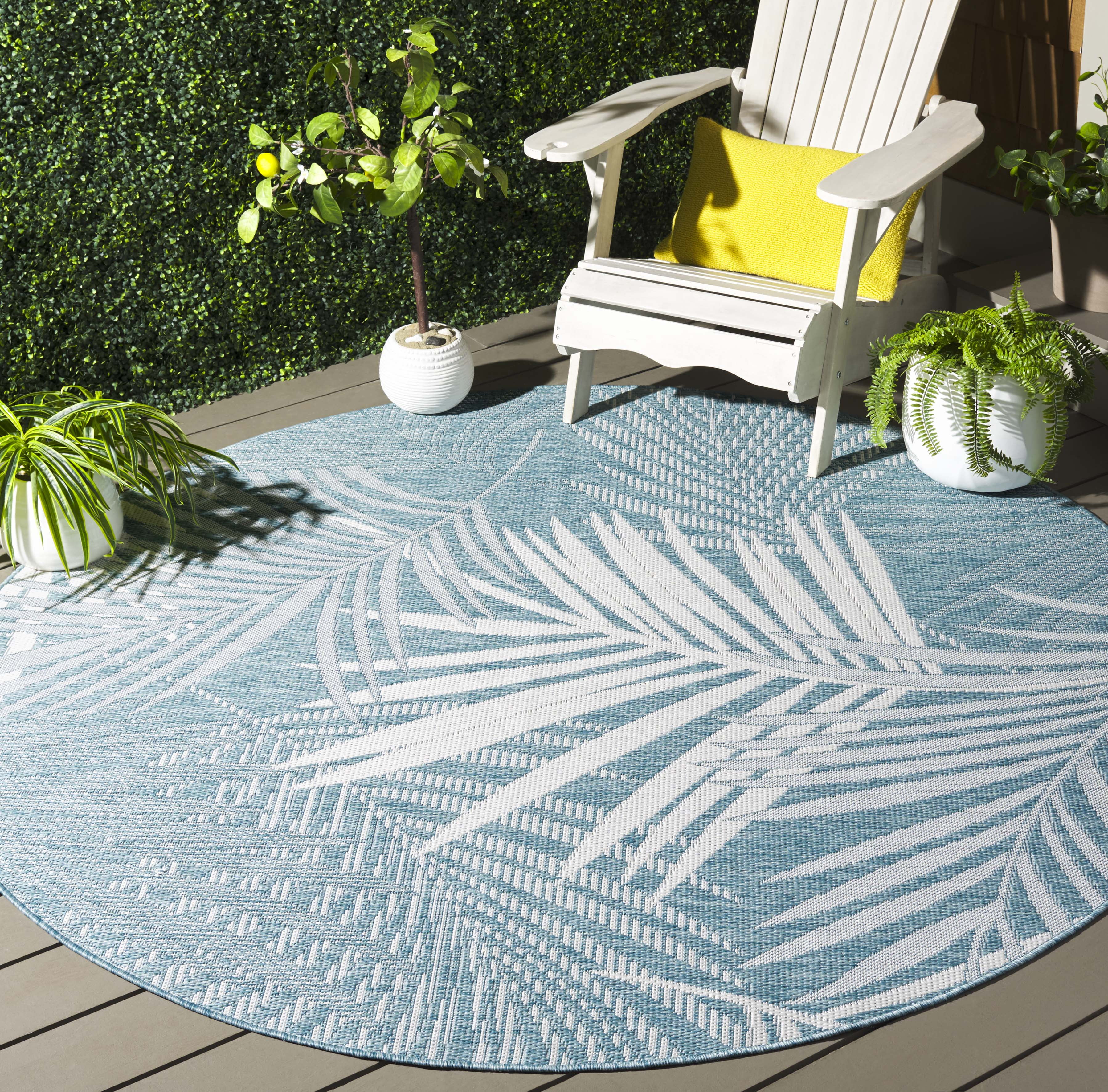SAFAVIEH Beach House Declan Botanical Indoor/Outdoor Area Rug, Aqua/Ivory, 6'7" x 6'7" Round