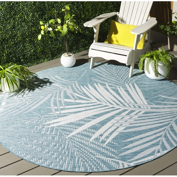 SAFAVIEH Beach House Declan Botanical Indoor/Outdoor Area Rug, Aqua/Ivory, 6'7" x 6'7" Round