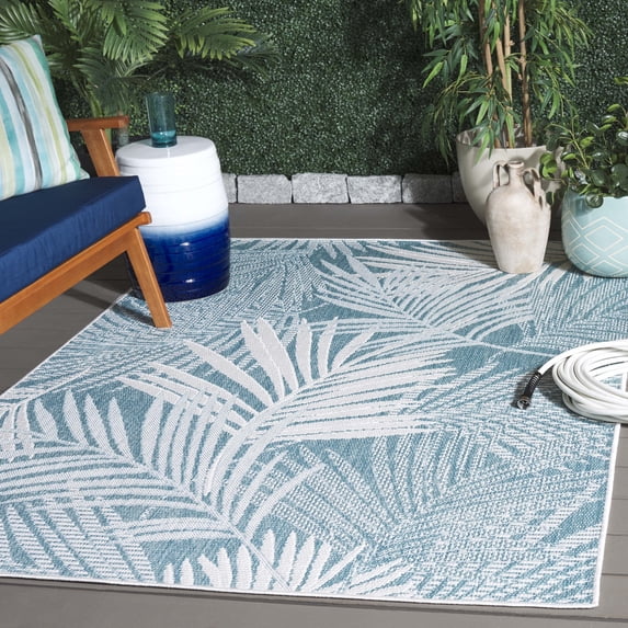 SAFAVIEH Beach House Declan Botanical Indoor/Outdoor Area Rug, Aqua/Ivory, 9' x 12'