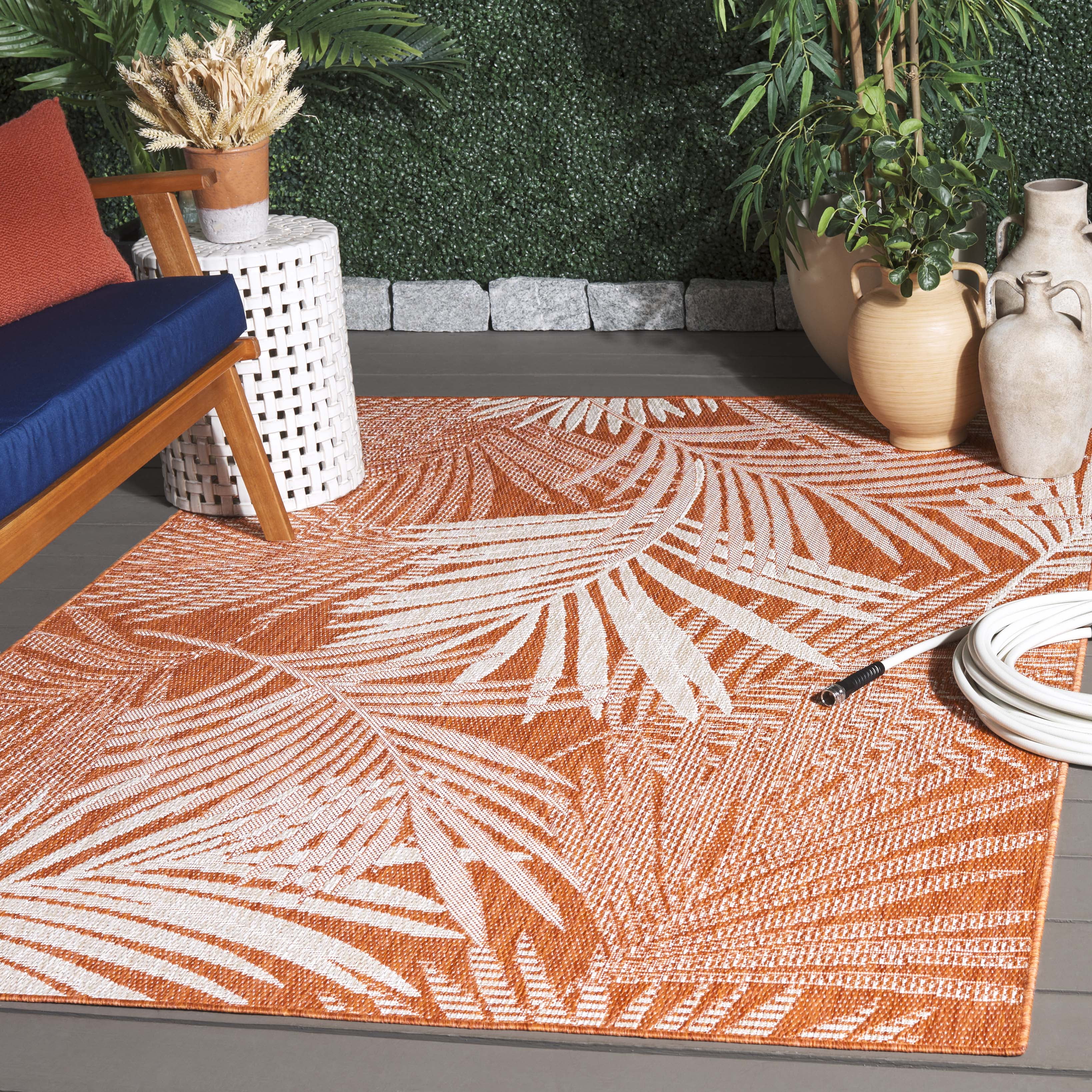 SAFAVIEH Beach House Declan Botanical Indoor/Outdoor Area Rug, Orange/Ivory, 9' x 12'