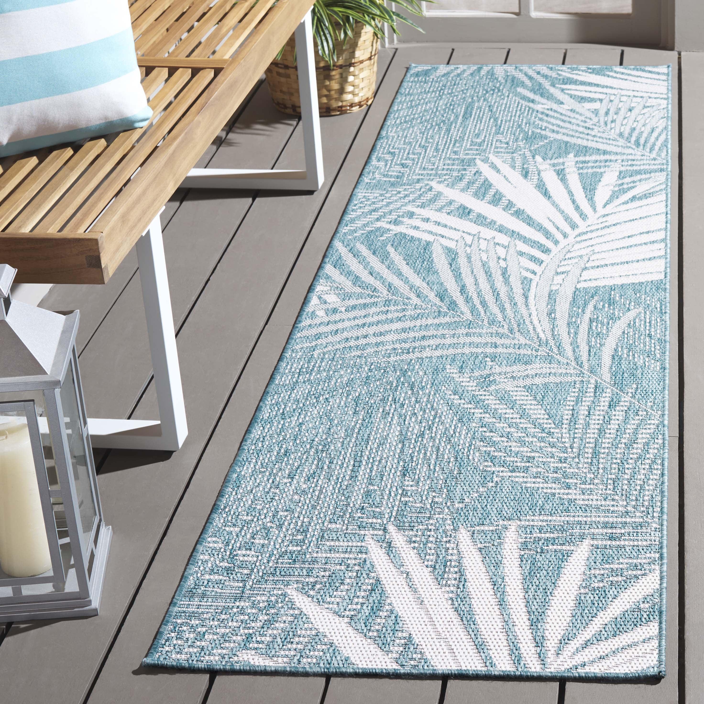 SAFAVIEH Beach House Declan Botanical Indoor/Outdoor Runner Rug, Aqua/Ivory, 2'2" x 6'