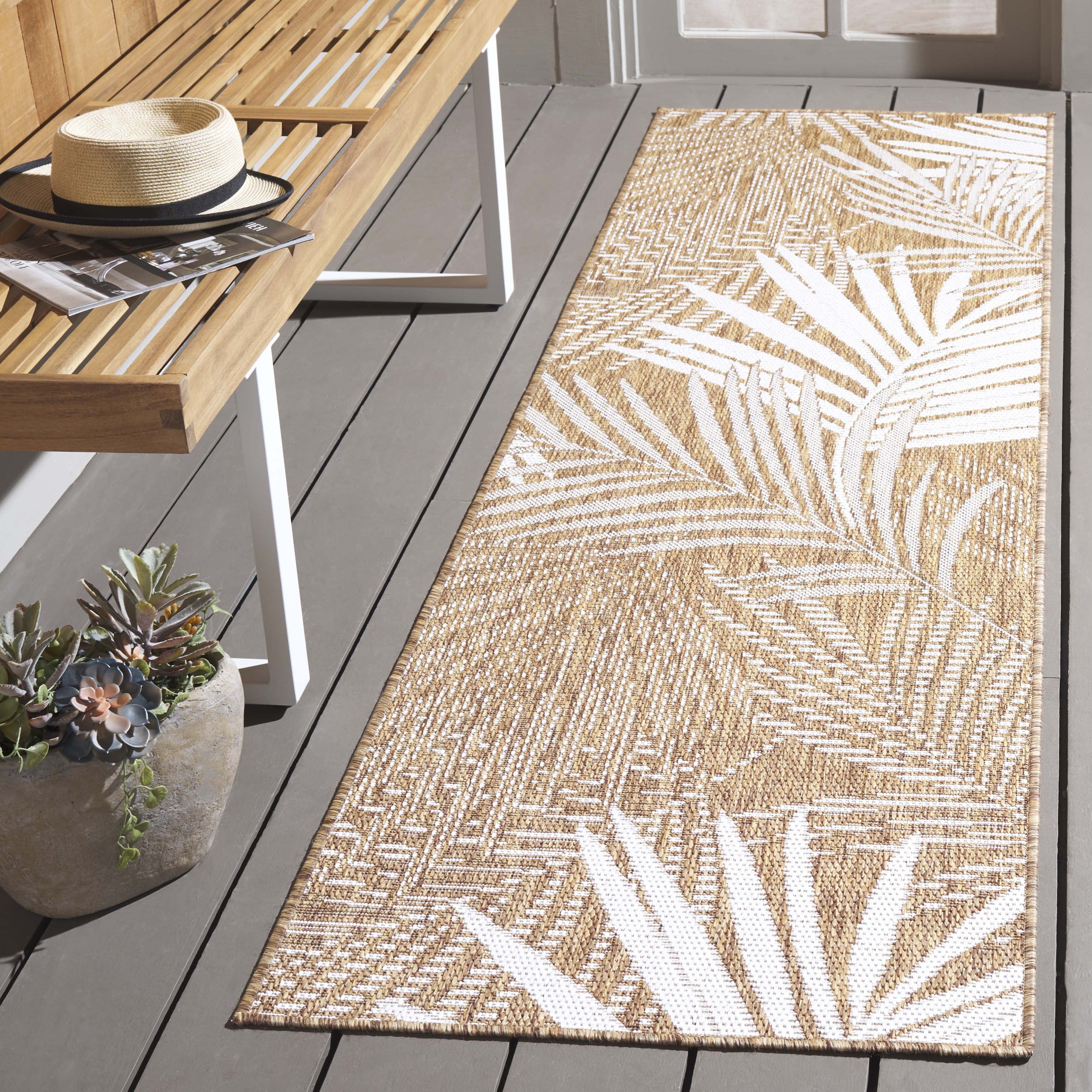 SAFAVIEH Beach House Declan Botanical Indoor/Outdoor Runner Rug, Brown/Ivory, 2'2" x 6'