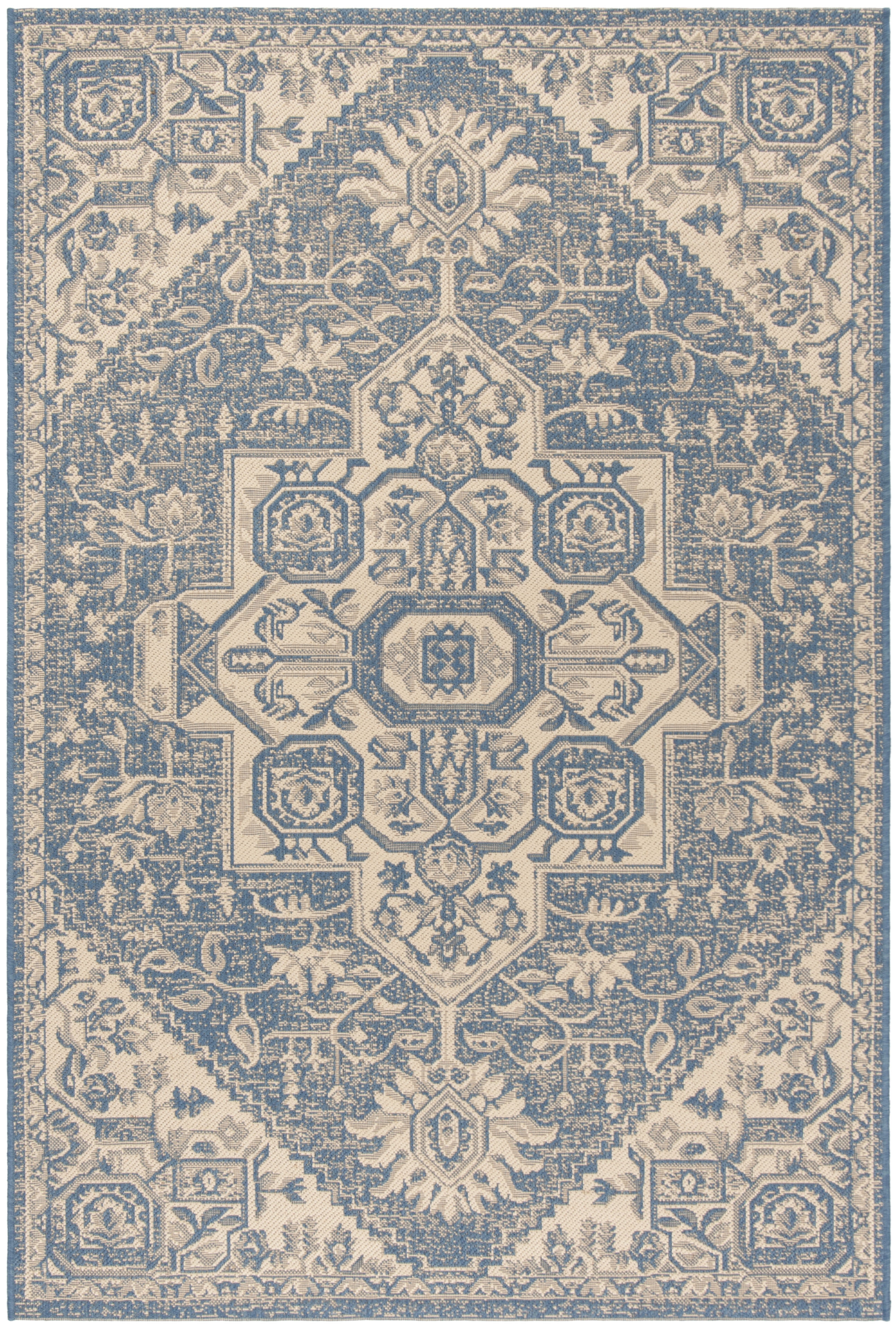Cream and Blue Synthetic Medallion Indoor/Outdoor Area Rug