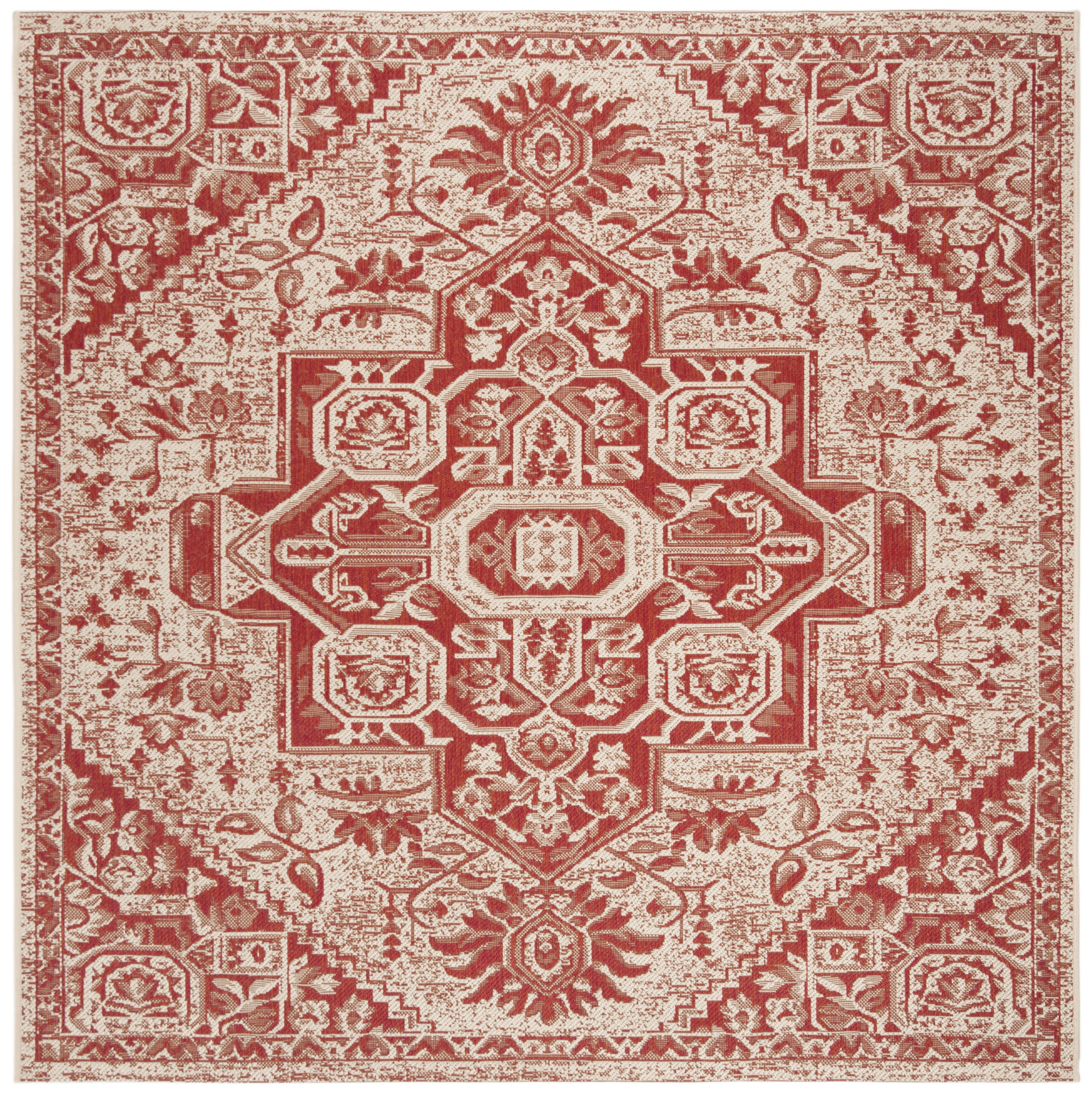 Red and Cream Synthetic Medallion Square Area Rug, 4'x4'