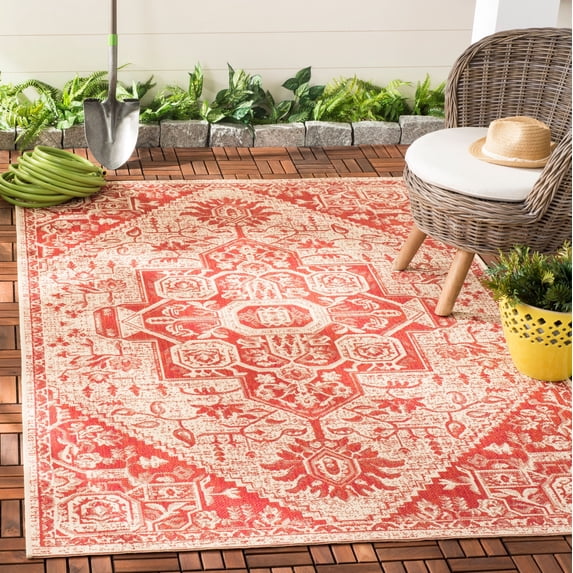 SAFAVIEH Beach House Diggory Medallion Indoor/Outdoor Area Rug, Red/Creme, 9' x 12'