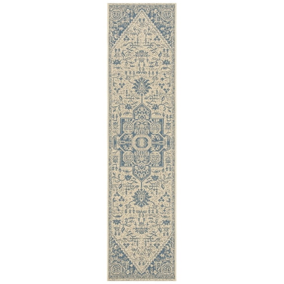 SAFAVIEH Beach House Diggory Medallion Indoor/Outdoor Runner Rug, Blue/Creme, 2'2" x 12'