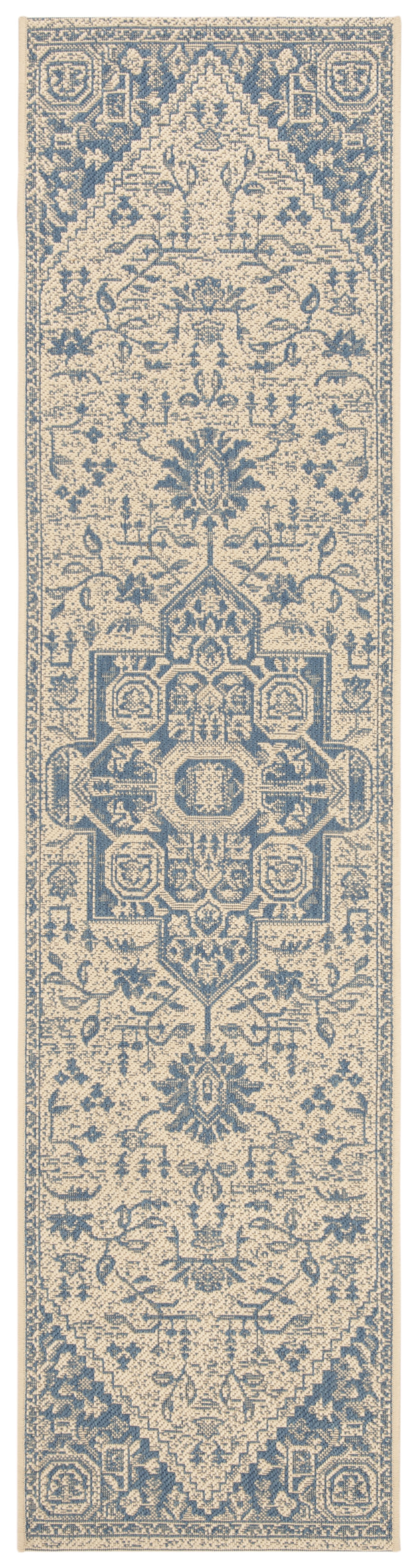 Blue and Creme Medallion Synthetic Indoor/Outdoor Runner Rug
