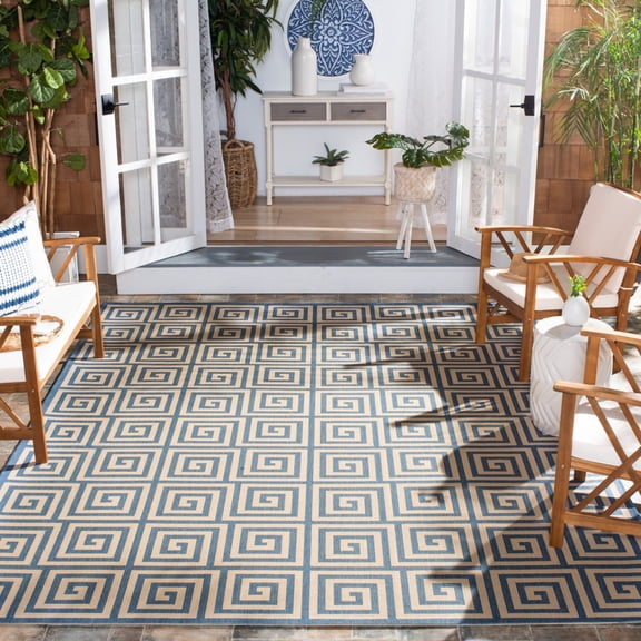 SAFAVIEH Beach House Edmon Geometric Indoor/Outdoor Area Rug Cream/Blue, 4' x 6'