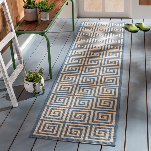 SAFAVIEH Beach House Edmon Geometric Indoor/Outdoor Runner Rug Cream/Blue, 2' x 8'