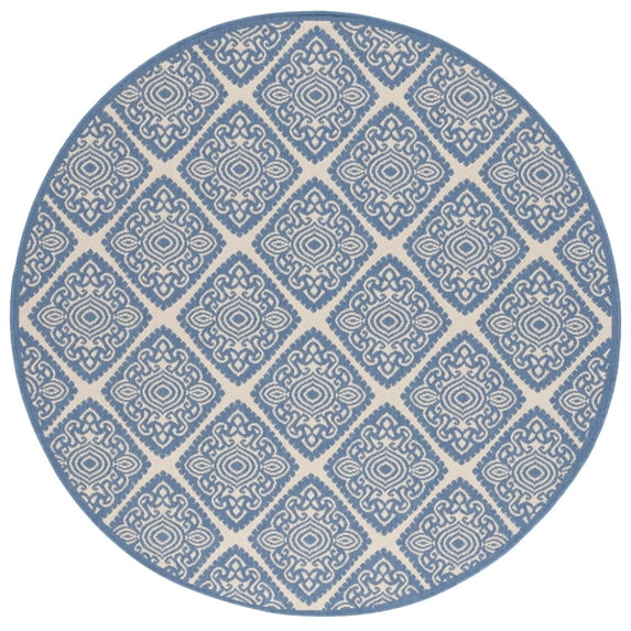 SAFAVIEH Beach House Frazier Geometric Indoor/Outdoor Area Rug, Cream/Blue, 6'7" x 6'7" Round