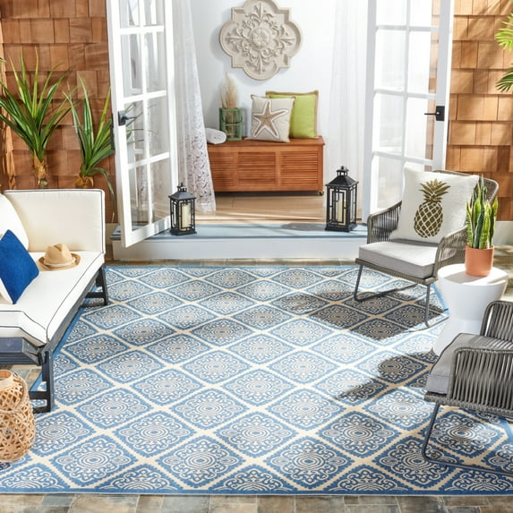 SAFAVIEH Beach House Frazier Geometric Indoor/Outdoor Area Rug, Cream/Blue, 6'7" x 9'2"