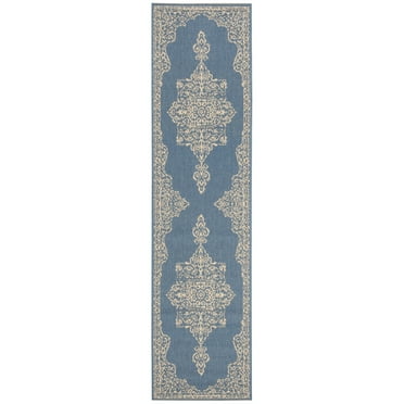 SAFAVIEH Beach House Harding Traditional Indoor/Outdoor Runner Rug Cream/Blue, 2' x 8'