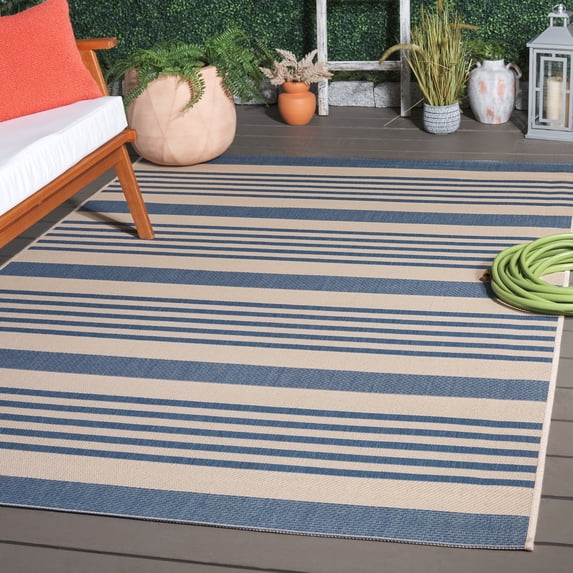 SAFAVIEH Beach House Henry Striped Indoor/Outdoor Area Rug, Beige/Blue, 3' x 5'