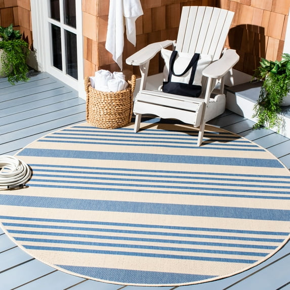 SAFAVIEH Beach House Henry Striped Indoor/Outdoor Area Rug, Beige/Blue, 6'7" x 6'7" Round