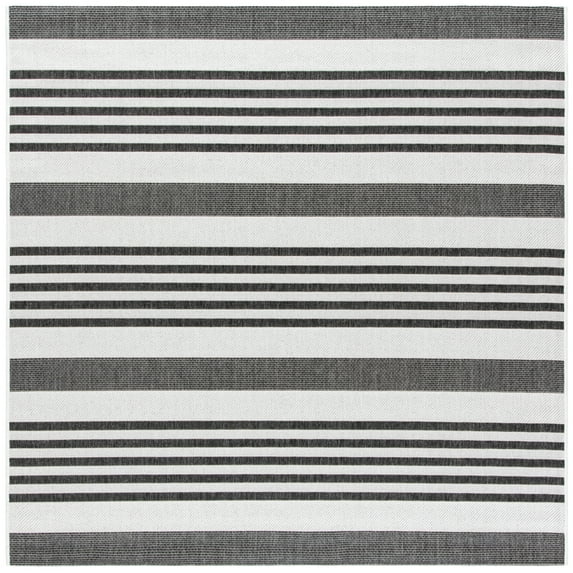 SAFAVIEH Beach House Henry Striped Indoor/Outdoor Area Rug, Light Grey/Charcoal, 4' x 4' Square