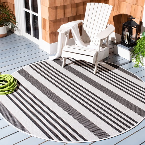 SAFAVIEH Beach House Henry Striped Indoor/Outdoor Area Rug, Light Gray/Charcoal, 6'7" x 6'7" Round