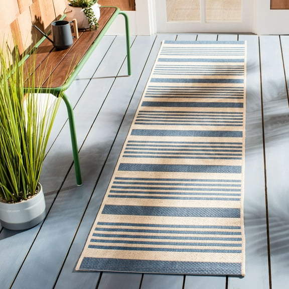 SAFAVIEH Beach House Henry Striped Indoor/Outdoor Runner Rug, Beige/Blue, 2'2" x 6'