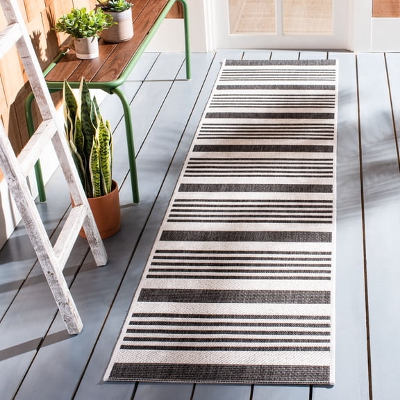 SAFAVIEH Beach House Henry Striped Indoor/Outdoor Runner Rug, Light Gray/Charcoal, 2'2" x 8'