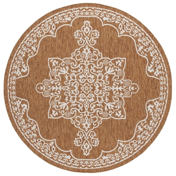 SAFAVIEH Beach House Hubert Medallion Indoor/Outdoor Area Rug, Brown/Ivory, 6'7" x 6'7" Round