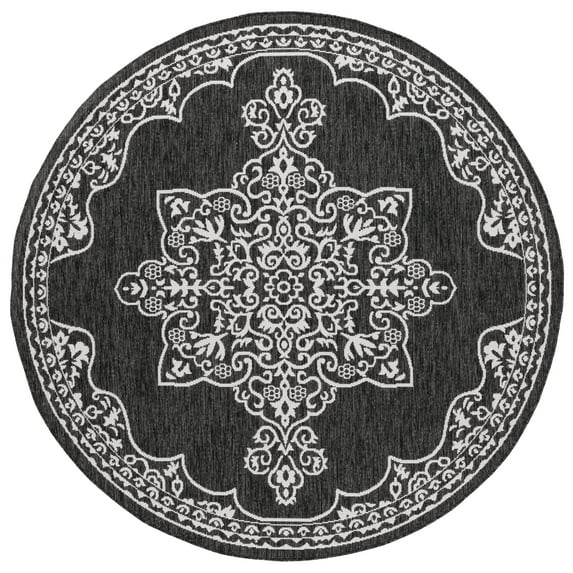 SAFAVIEH Beach House Hubert Medallion Indoor/Outdoor Area Rug, Charcoal/Ivory, 6'7" x 6'7" Round