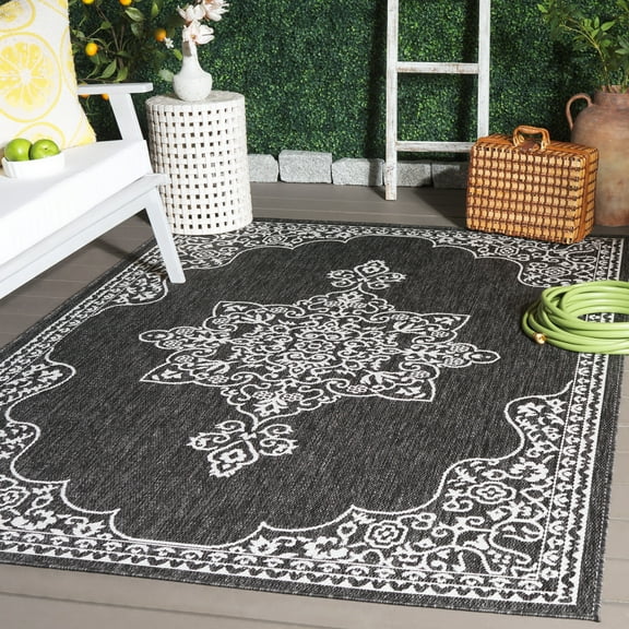 SAFAVIEH Beach House Hubert Medallion Indoor/Outdoor Area Rug, Charcoal/Ivory, 9' x 12'