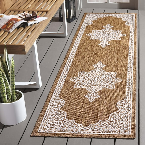 SAFAVIEH Beach House Hubert Medallion Indoor/Outdoor Runner Rug, Brown/Ivory, 2'2" x 10'