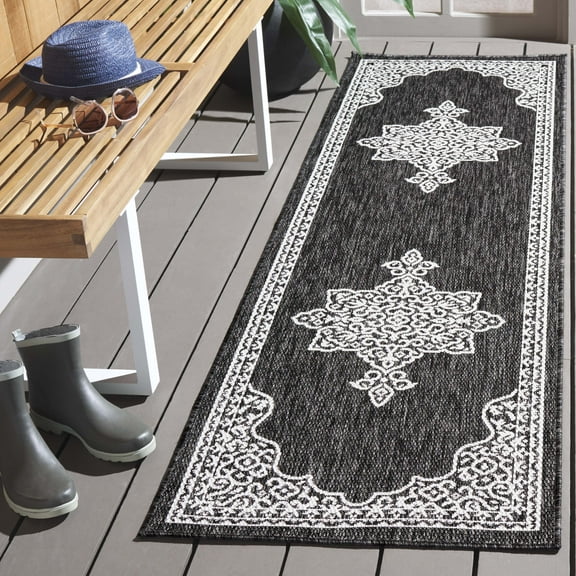 SAFAVIEH Beach House Hubert Medallion Indoor/Outdoor Runner Rug, Charcoal/Ivory, 2'2" x 6'